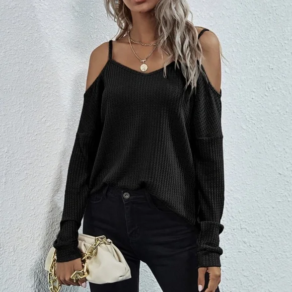 Boho Pink off shoulder waffle long sleeve knit top - Picture 9 of 16